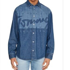 NWOT Men's Tommy Hilfiger Laserwd Wide  Denim  Logo Boxy Button Front Shirt XXL
